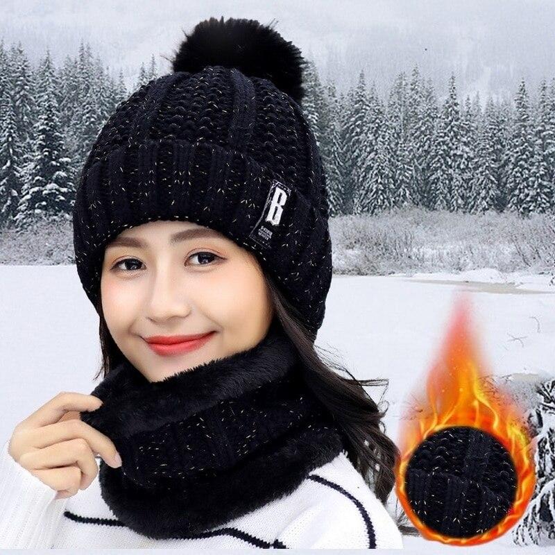 2021 New 3 Pieces Set Women's Knitted Hat Scarf Caps Neck Warmer