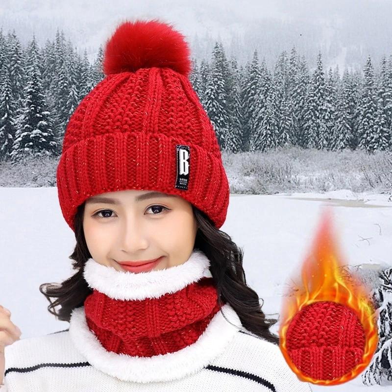 2-Piece Set: Women's Knitted Hat Scarf Caps Neck Warmer Winter Hat Women's Shoes & Accessories Red - DailySale