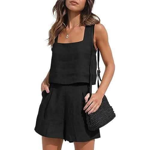 2-Piece Set: Women's Lounge Matching Sets Linen Shorts Crop Tops Women's Tops Black S - DailySale