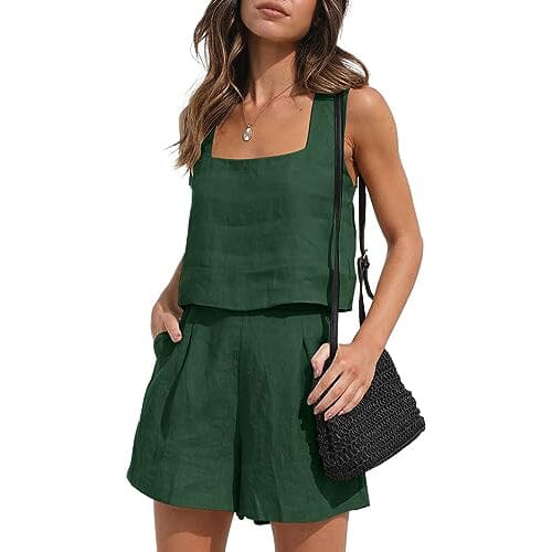 2-Piece Set: Women's Lounge Matching Sets Linen Shorts Crop Tops Women's Tops Dark Green S - DailySale