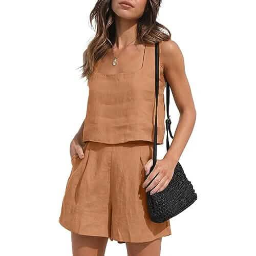 2-Piece Set: Women's Lounge Matching Sets Linen Shorts Crop Tops Women's Tops Light Brown S - DailySale