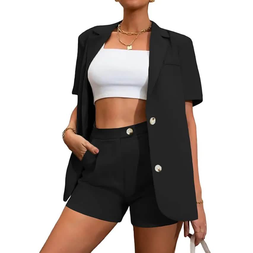 2-Piece Set: Women's Solid Color Blazer Shorts Women's Tops Black S - DailySale