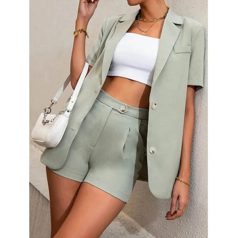 2-Piece Set: Women's Solid Color Blazer Shorts Women's Tops - DailySale