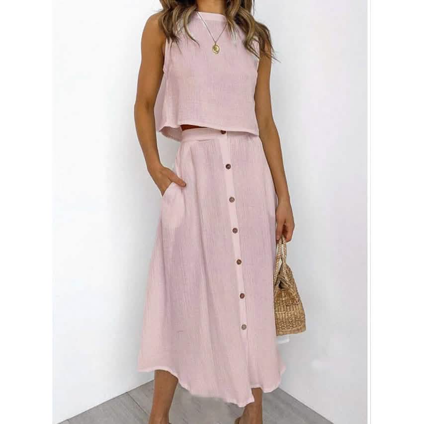 2-Piece Set: Women's Solid Color Casual Dress Women's Dresses Pink S - DailySale