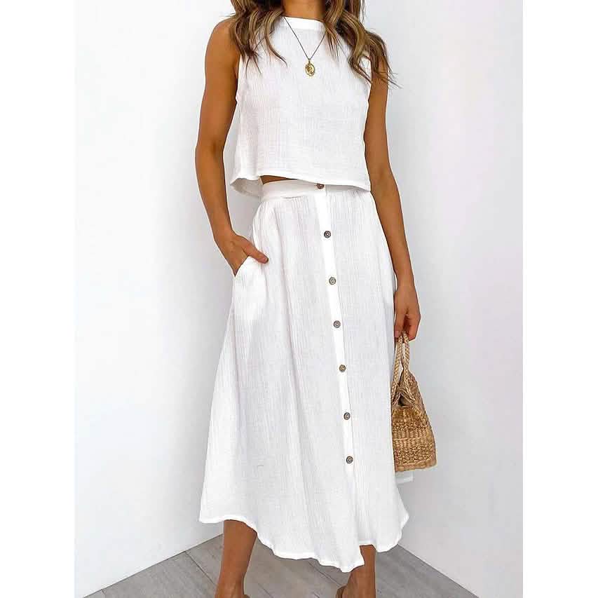 2-Piece Set: Women's Solid Color Casual Dress Women's Dresses White S - DailySale