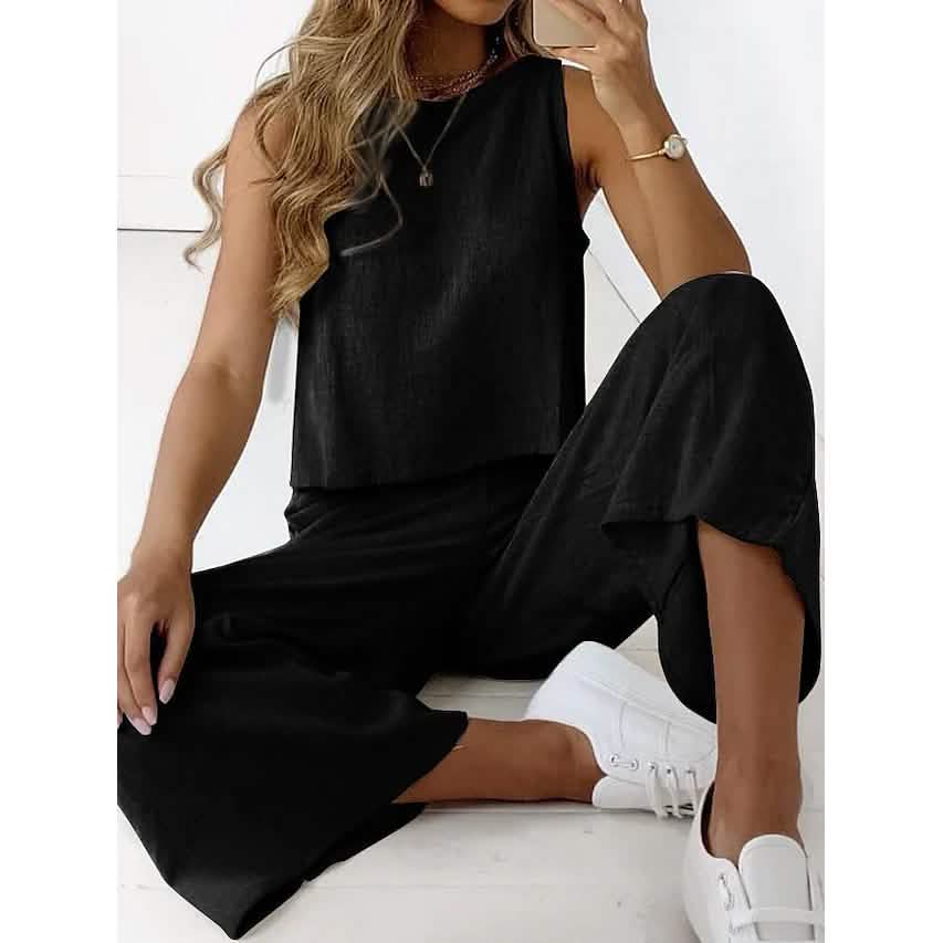 2-Piece Set: Women's Solid Color Casual Tank Top Pants Set Women's Loungewear Black S - DailySale