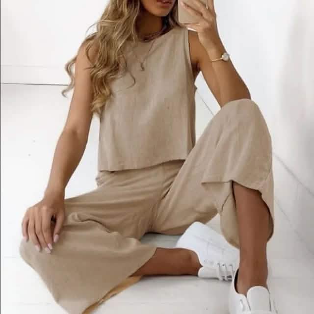 2-Piece Set: Women's Solid Color Casual Tank Top Pants Set Women's Loungewear Khaki S - DailySale
