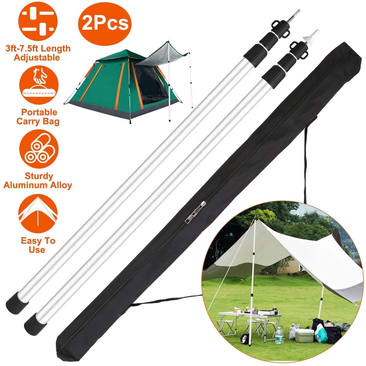 2-Piece: Telescoping Tarp Poles Portable Aluminum Awning Poles Sports & Outdoors - DailySale