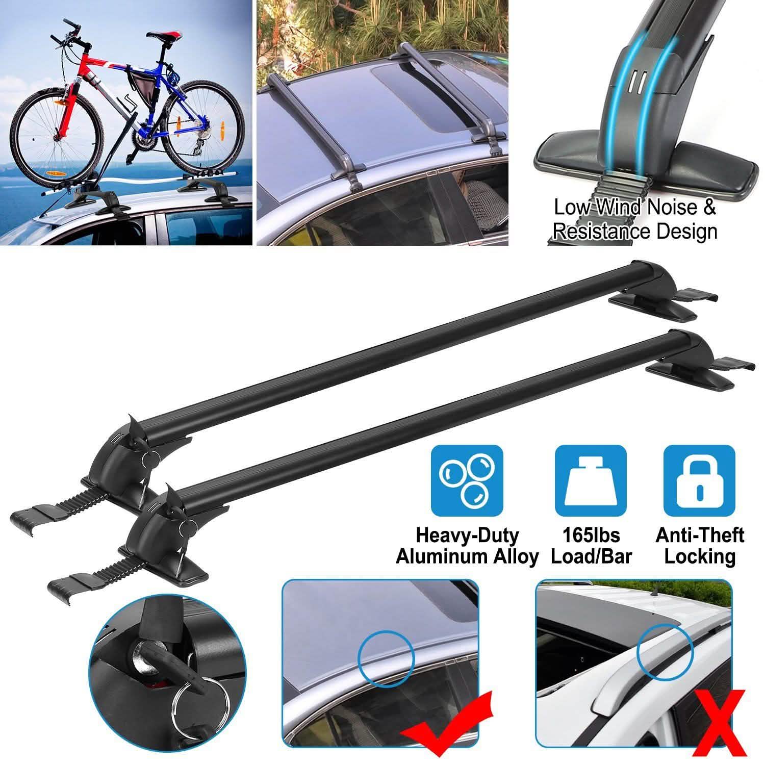 Multiple images showing a 2-Piece Universal 110CM/43-Inch Car Roof Rack Cross Bar with a bycicle mounted on top of a car rooftop showcasing its low wind-noise and resistance design
