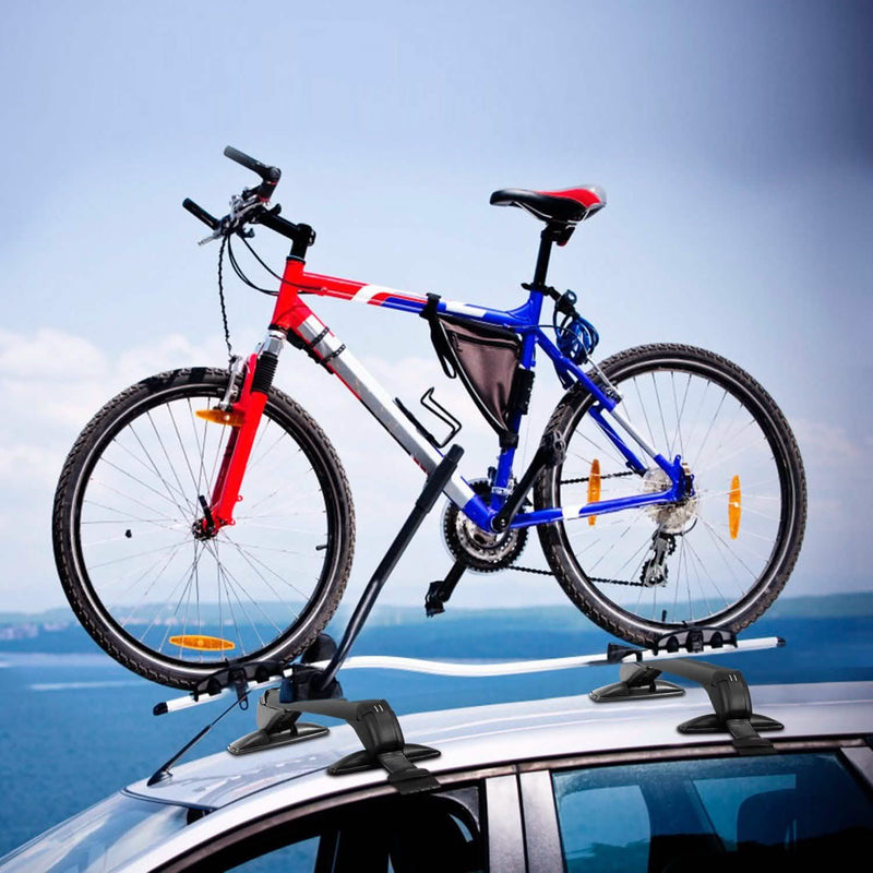 Image of a bycicle mounted on a car rooftop using the 2-Piece Universal 110CM/43-Inch Car Roof Rack Cross Bar