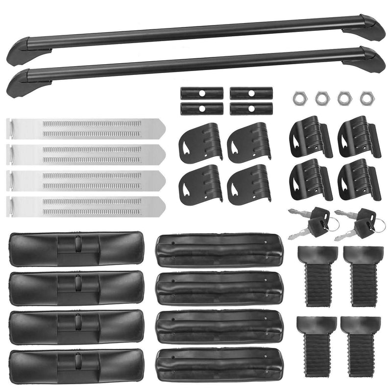 2-Piece Universal 110CM/43-Inch Car Roof Rack Cross Bar showing all accessories and attachments