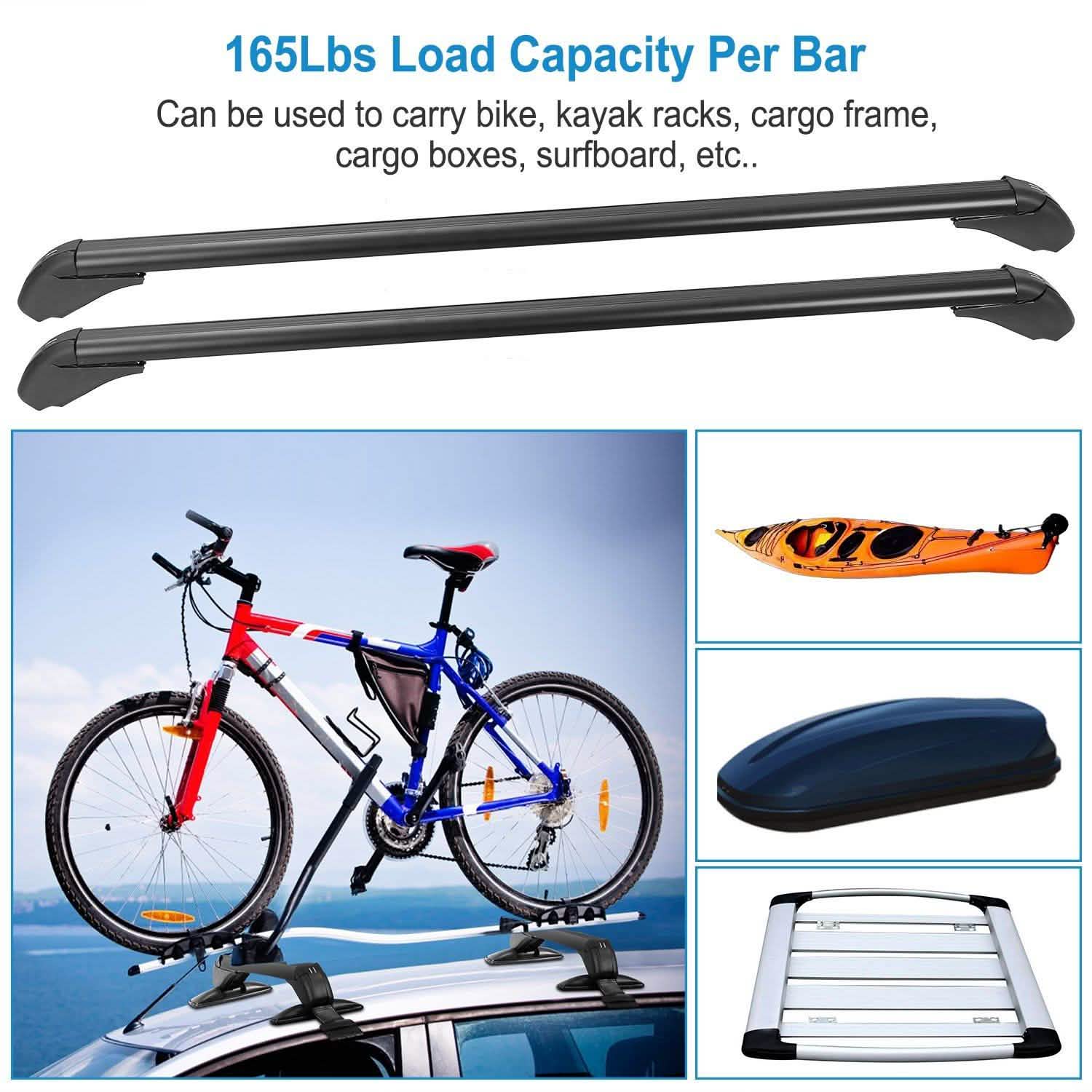 2-Piece Universal 110CM/43-Inch Car Roof Rack Cross Bar mounted over a car's rooftop showing a bycicle, a kayak, and a cargo box