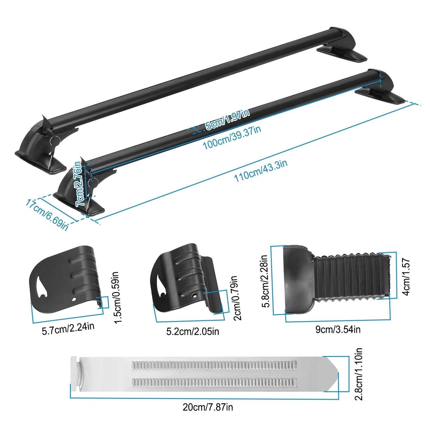 2-Piece Universal 110CM/43-Inch Car Roof Rack Cross Bar showing all dimensions