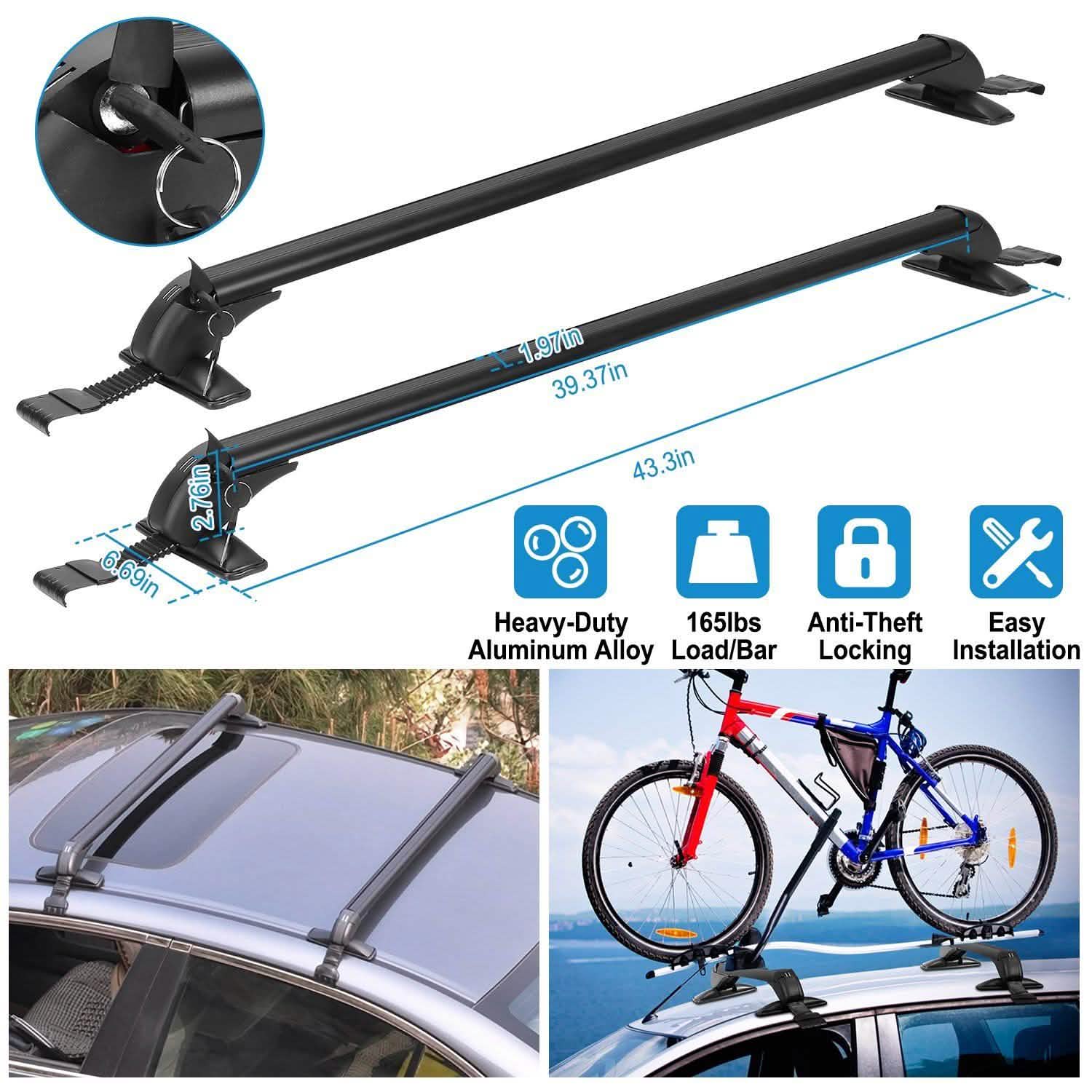 Dimensions of the 2-Piece Universal 110CM/43-Inch Car Roof Rack Cross Bar, includes an image of a bycicle mounted on a car rooftop