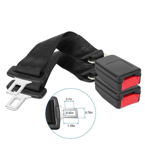 2-Piece: Universal 14” Car Seat Belt Extender over a white background showing an inset with the buckle's dimensions