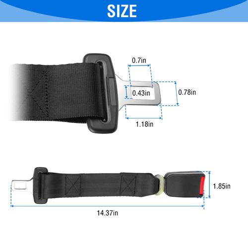 2-Piece: Universal 14” Car Seat Belt Extender over a white background showing an inset with the extender's full length and width dimensions
