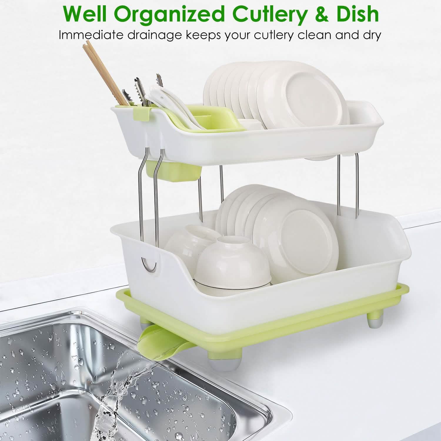 2-Tier Dish Drying Rack Cutlery Drainer Kitchen Storage - DailySale