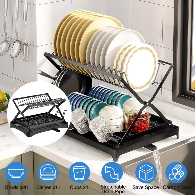 2-Tier Dish Drying Rack with Cup Holder and Drainboard Kitchen Storage - DailySale