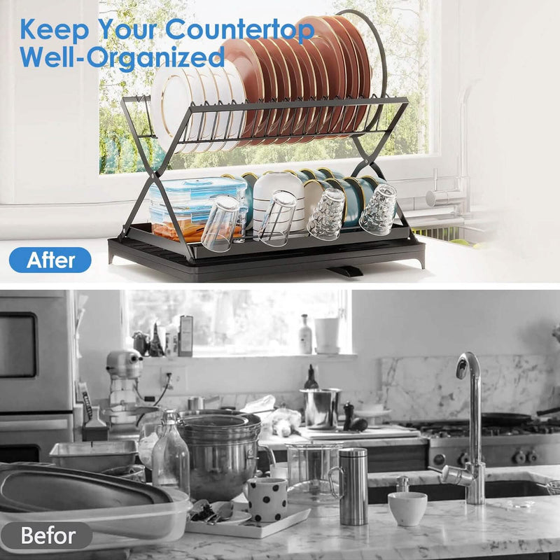 2-Tier Dish Drying Rack with Cup Holder and Drainboard Kitchen Storage - DailySale