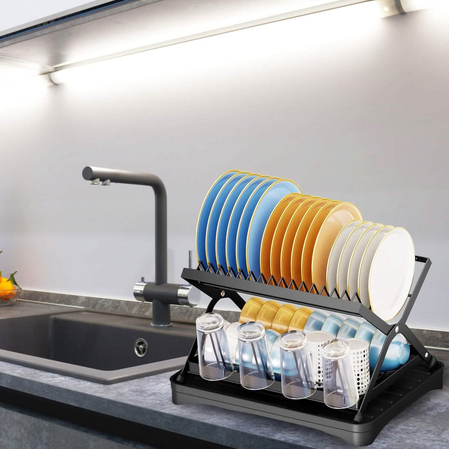 2-Tier Dish Drying Rack with Cup Holder and Drainboard Kitchen Storage - DailySale