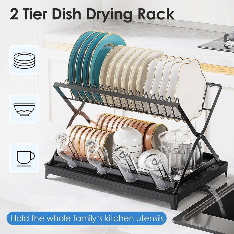2-Tier Dish Drying Rack with Cup Holder and Drainboard Kitchen Storage - DailySale