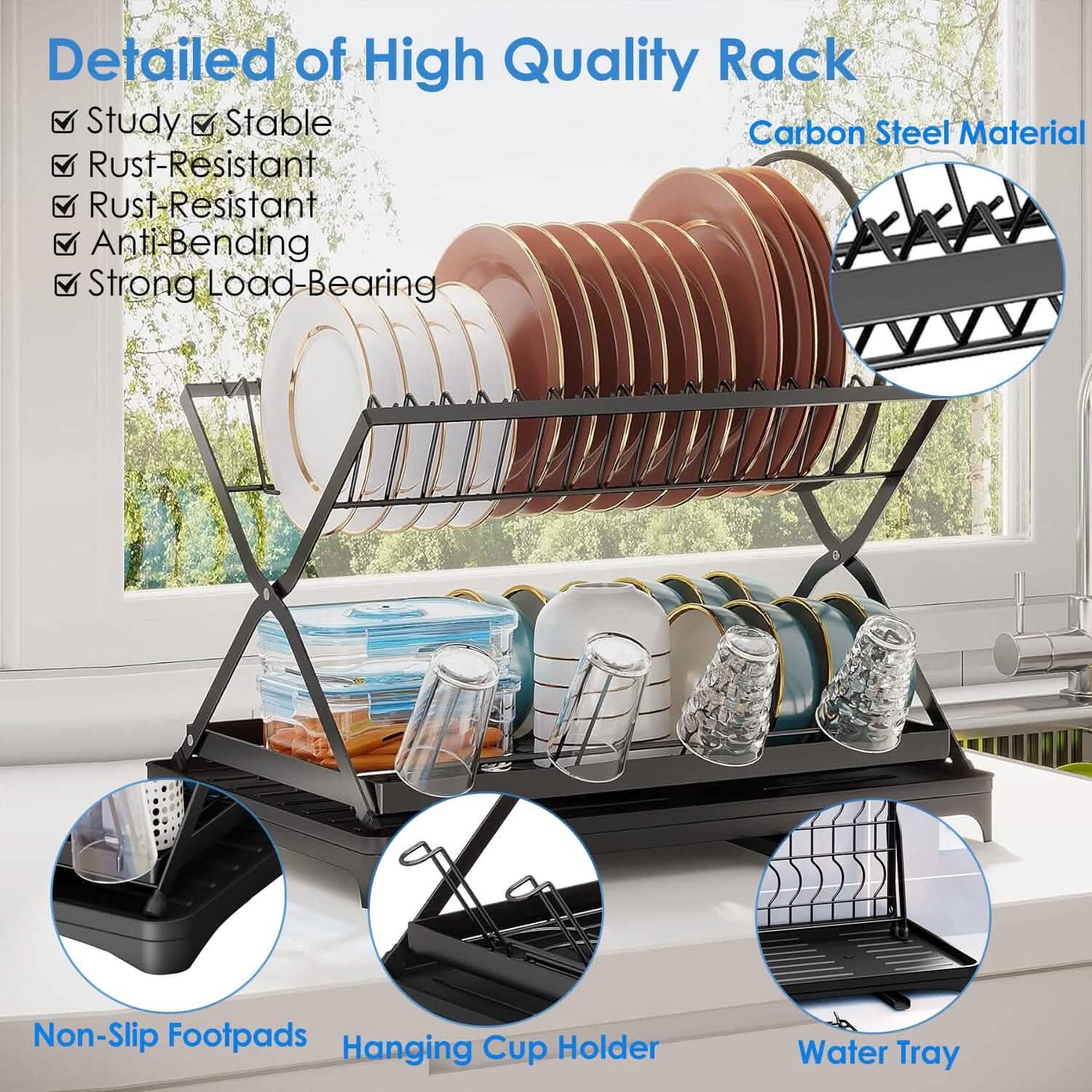 2-Tier Dish Drying Rack with Cup Holder and Drainboard Kitchen Storage - DailySale