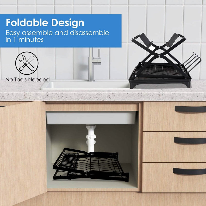 2-Tier Dish Drying Rack with Cup Holder and Drainboard Kitchen Storage - DailySale