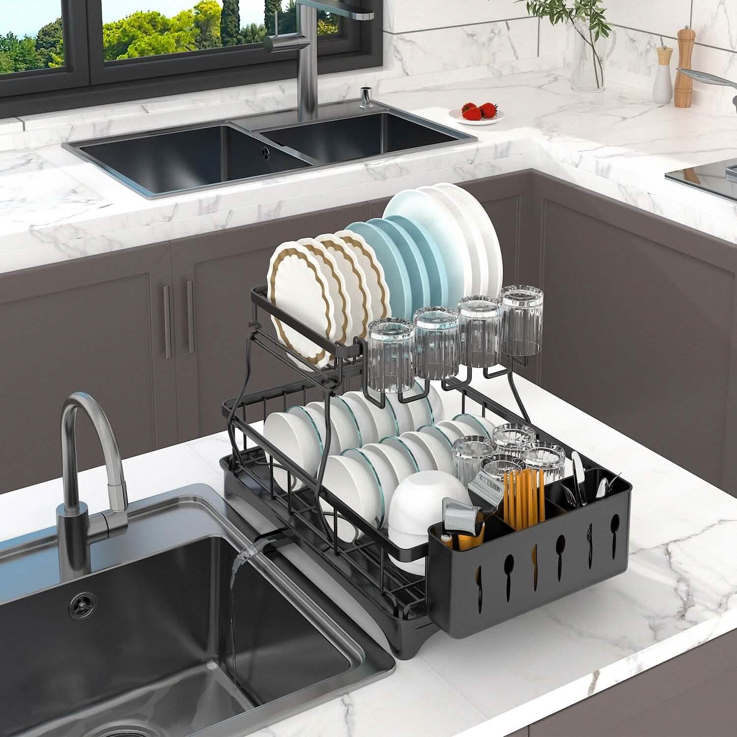2-Tier Dish Rack Drainer Organizer Set with Utensil Cup Holder Rack Swivel Spout Kitchen Storage - DailySale