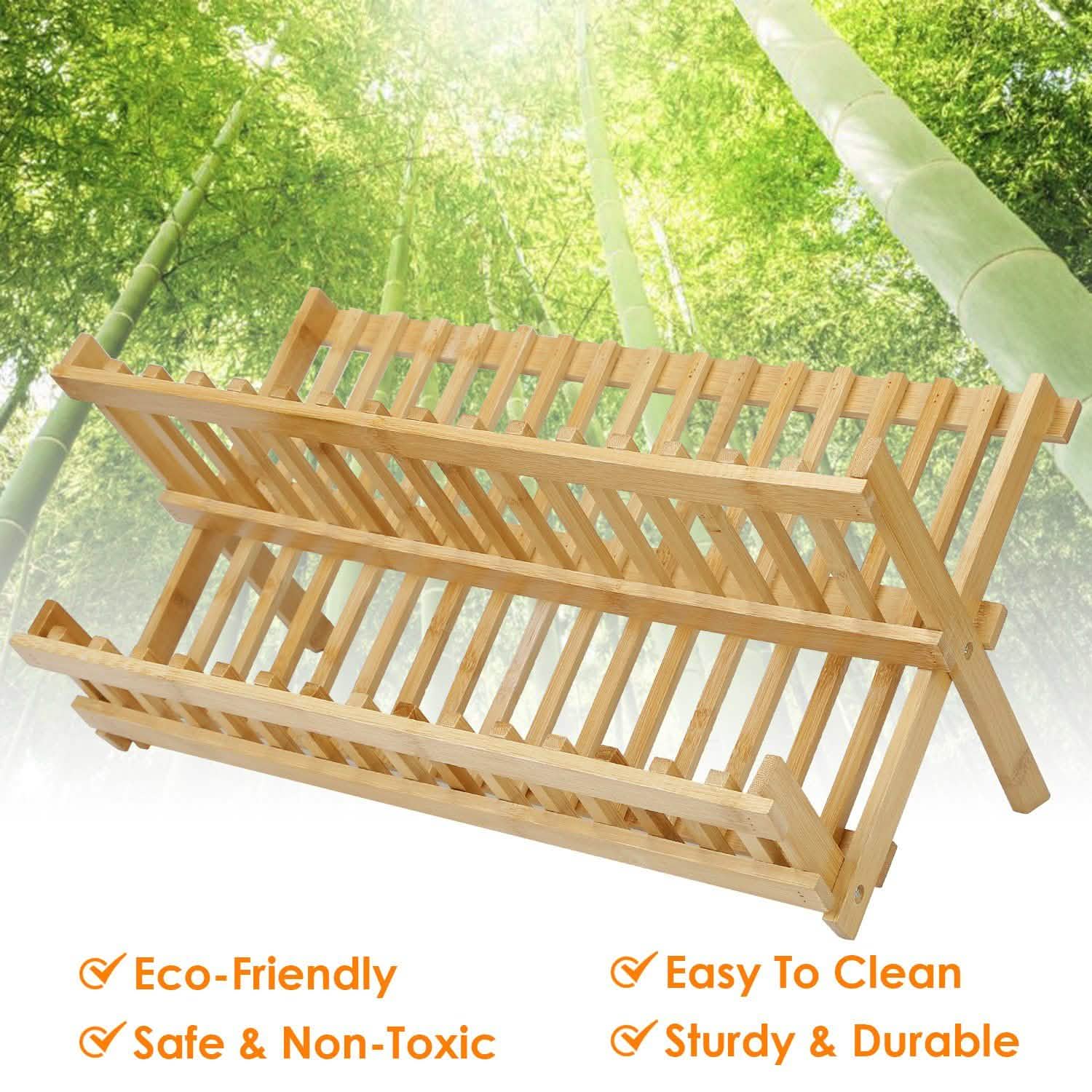 2-Tier Foldable Bamboo Dish Drying Rack Kitchen & Dining - DailySale