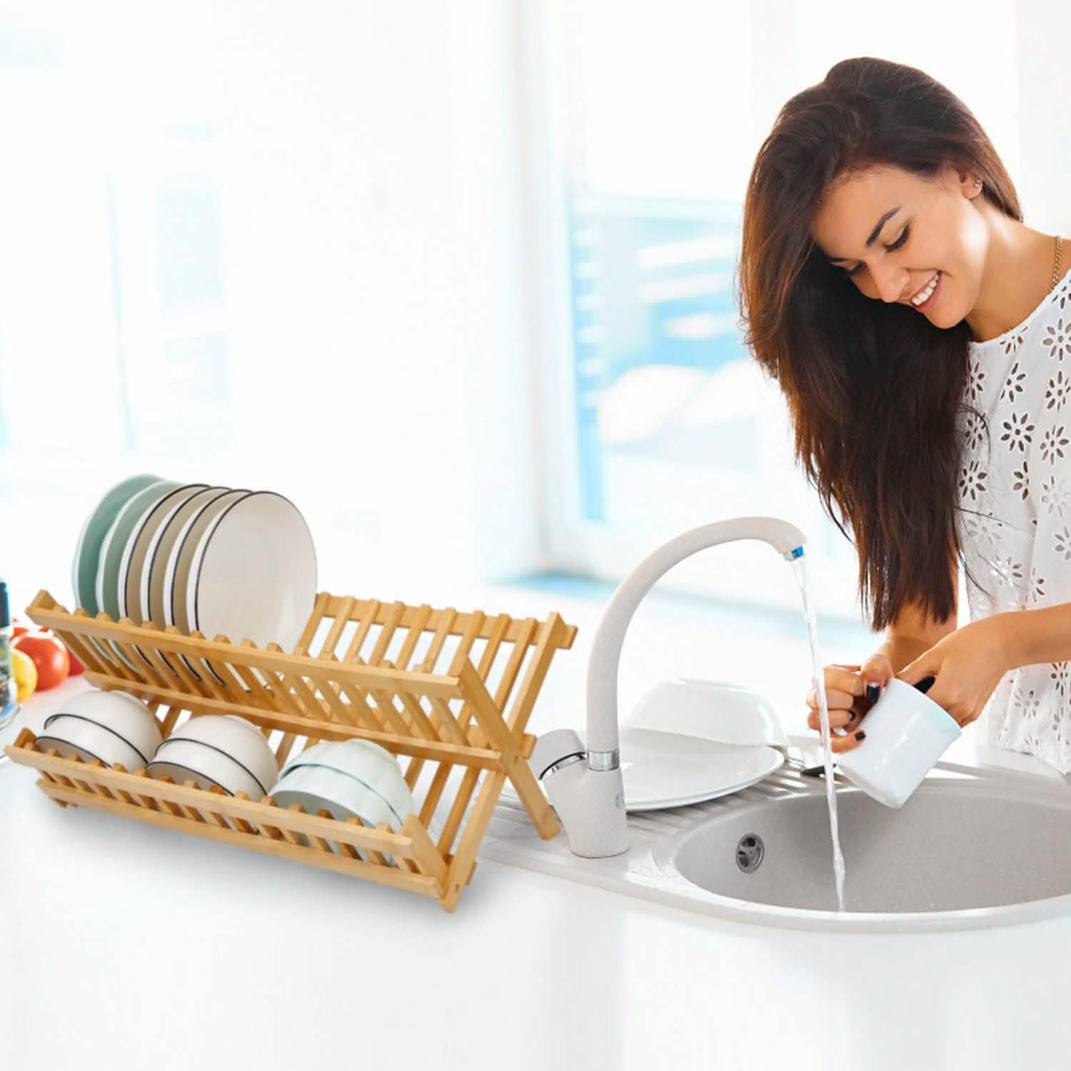 2-Tier Foldable Bamboo Dish Drying Rack Kitchen & Dining - DailySale