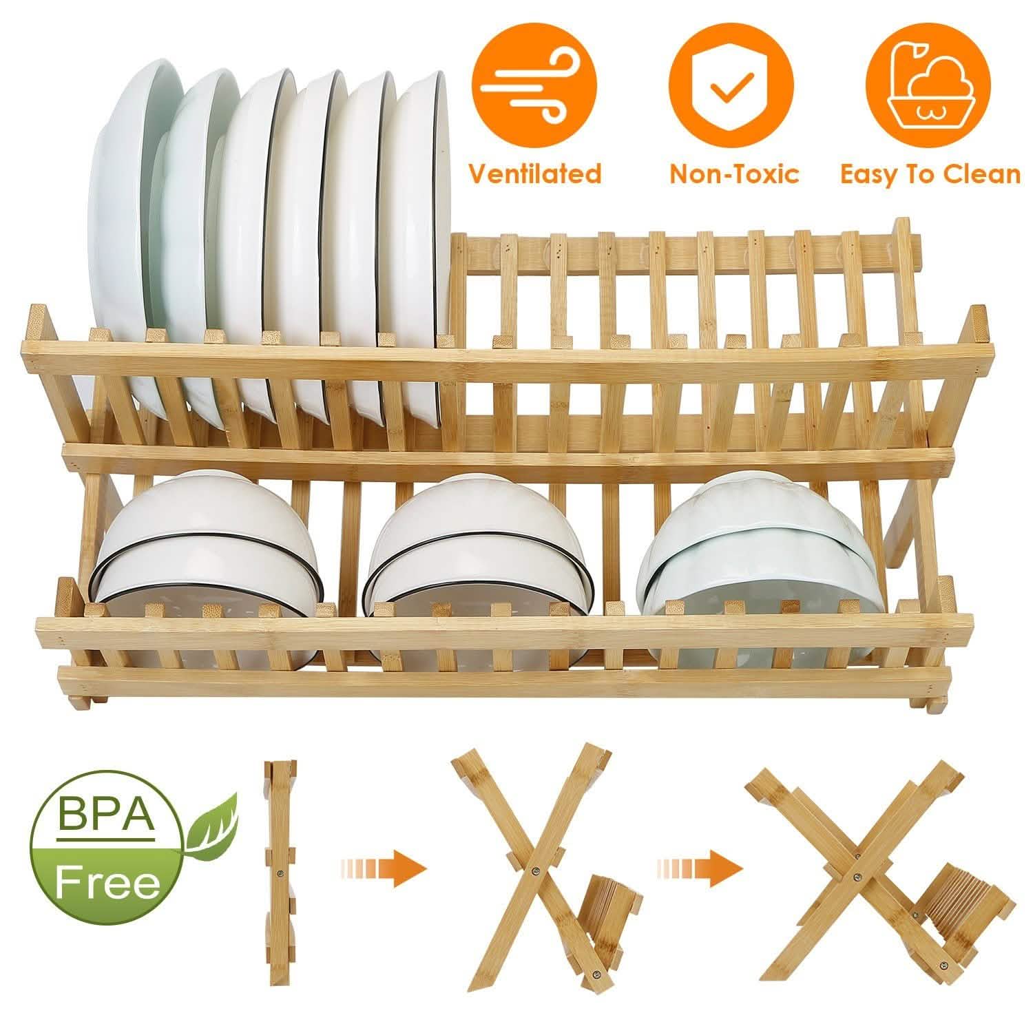 2-Tier Foldable Bamboo Dish Drying Rack Kitchen & Dining - DailySale