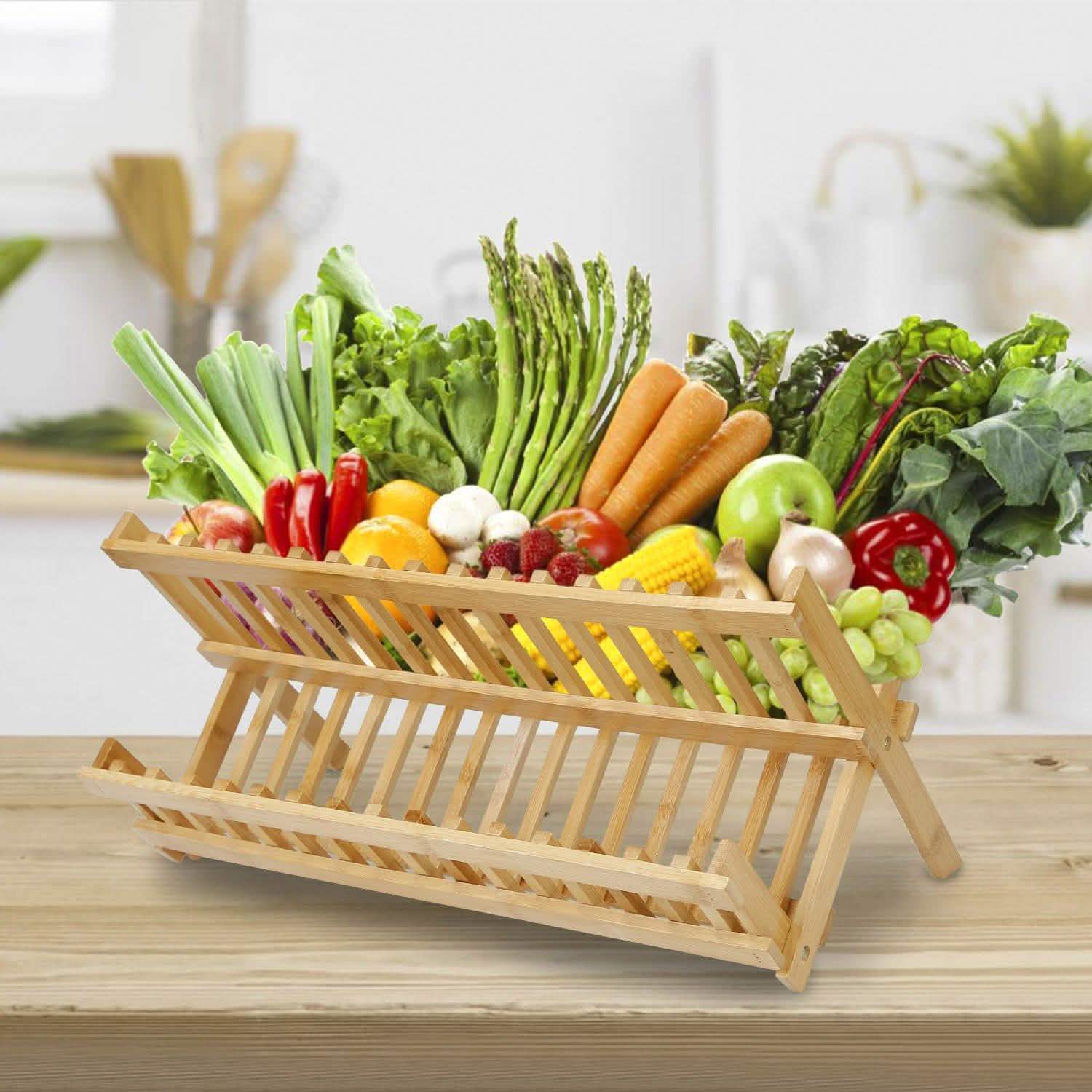 2-Tier Foldable Bamboo Dish Drying Rack Kitchen & Dining - DailySale