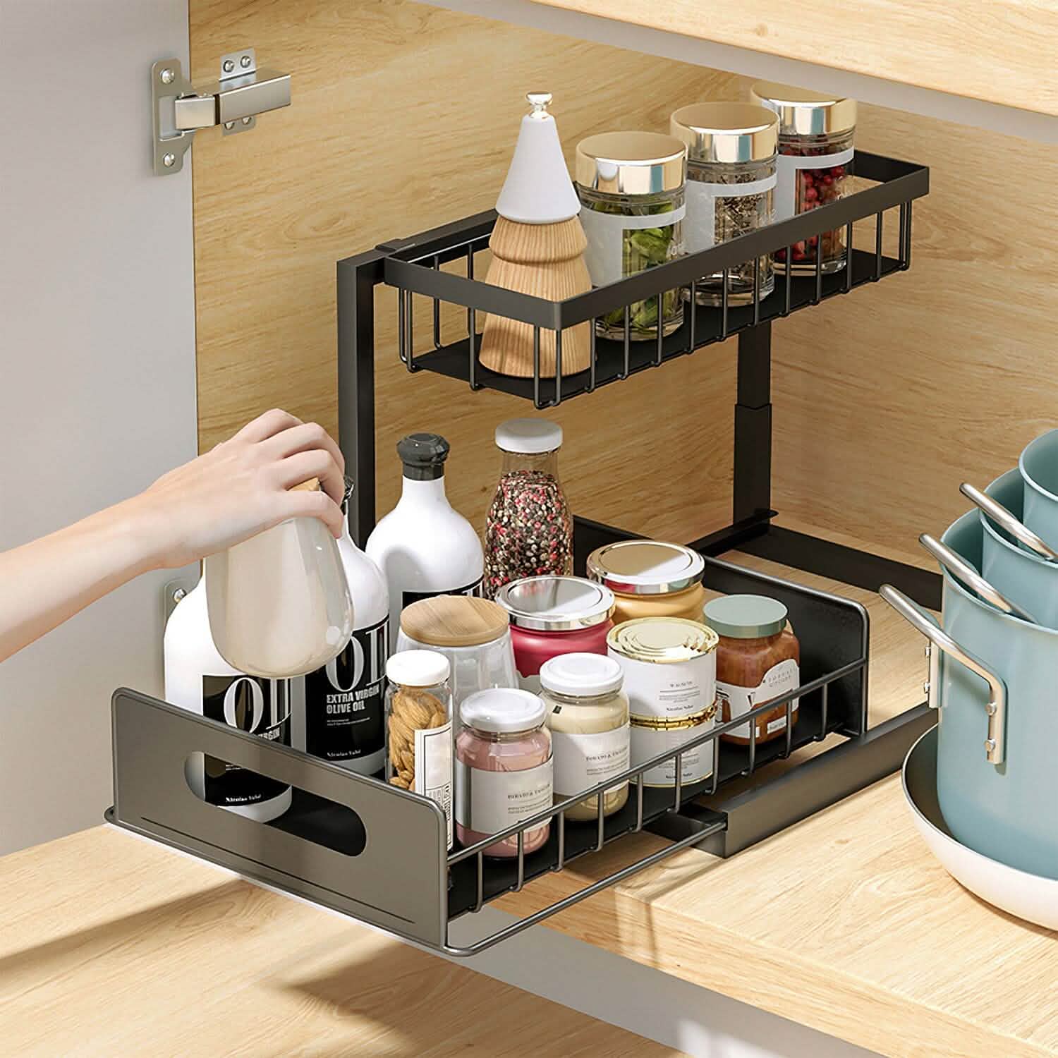 2-Tier Under Sink Organizer Pull Out Basket Storage Kitchen Storage - DailySale