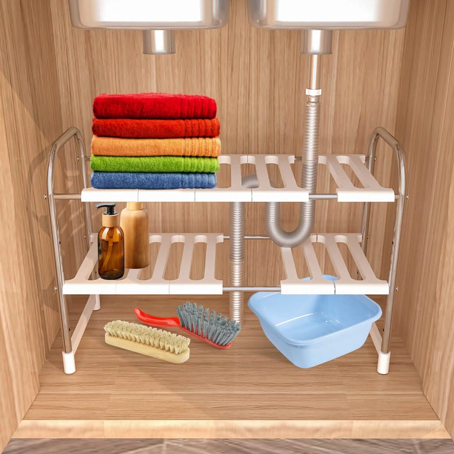 2-Tier Under Sink Organizer Retractable Kitchen Rack Holder Kitchen Storage - DailySale