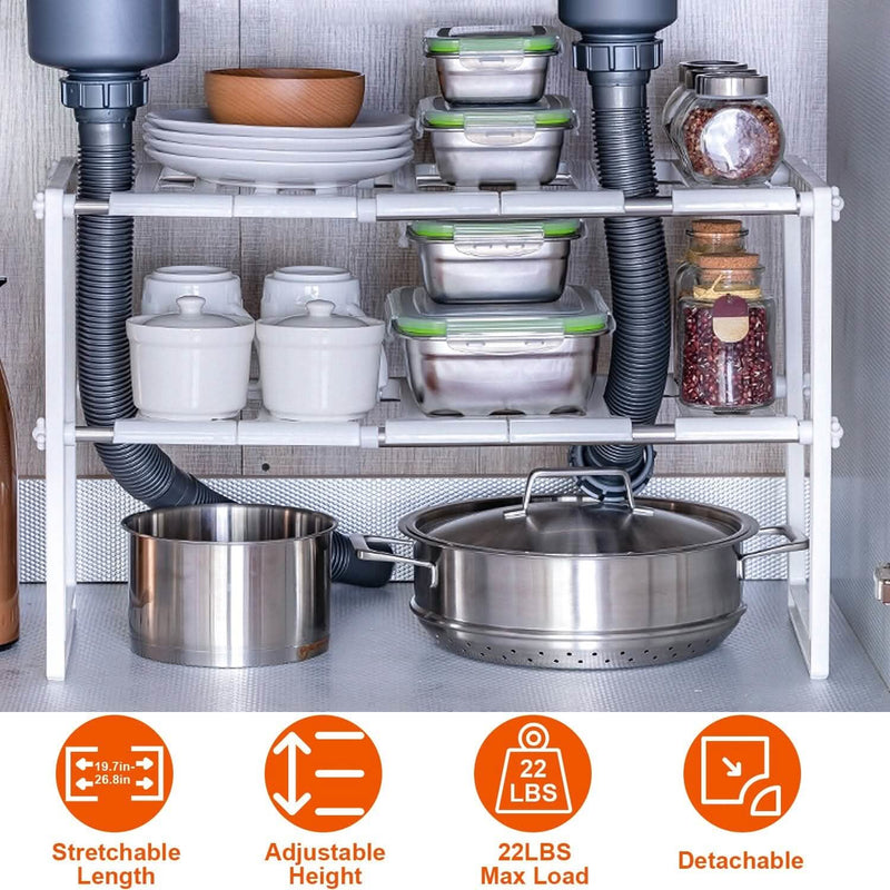2-Tier Under Sink Organizer Retractable Space Saving Storage Kitchen Storage - DailySale