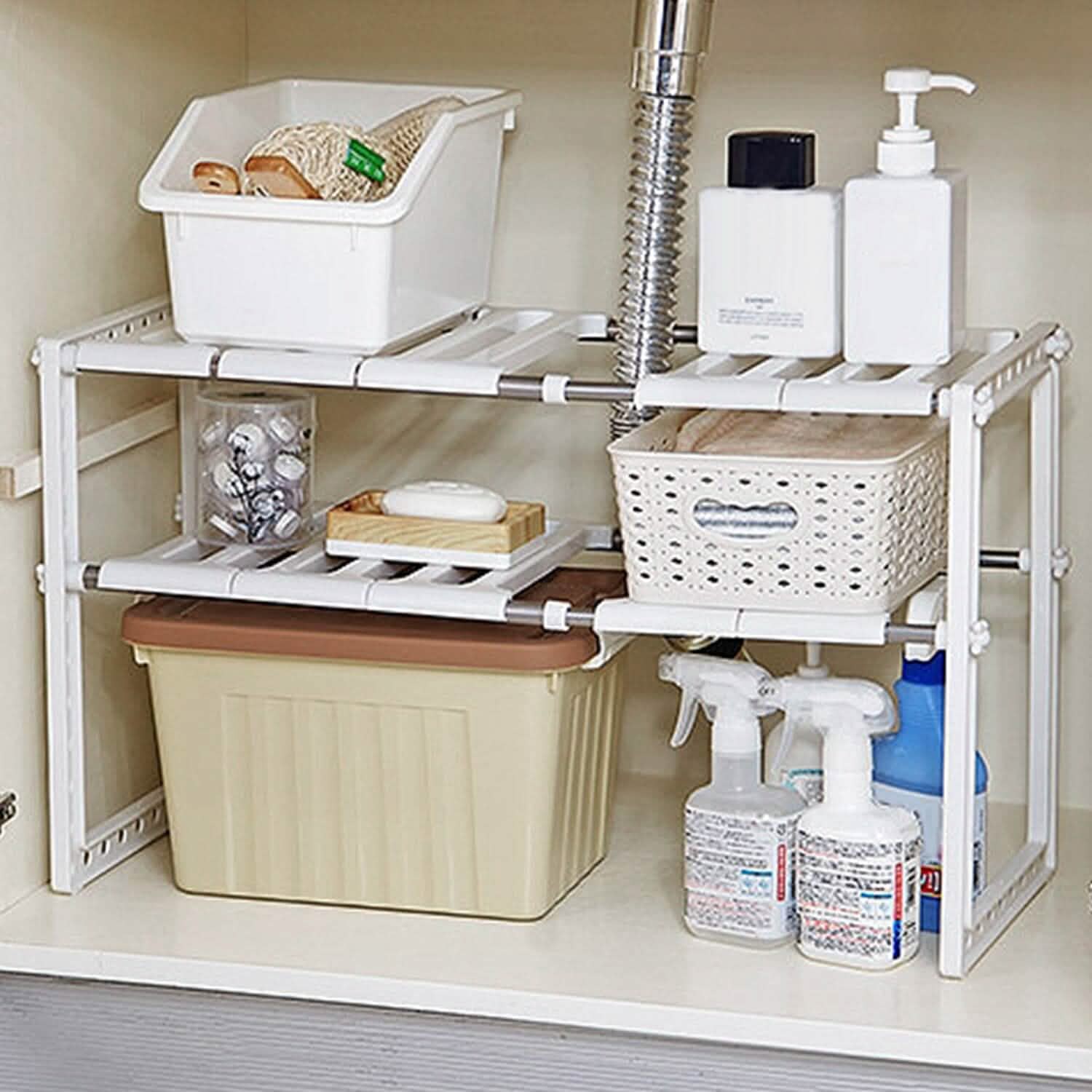 2-Tier Under Sink Organizer Retractable Space Saving Storage Kitchen Storage - DailySale