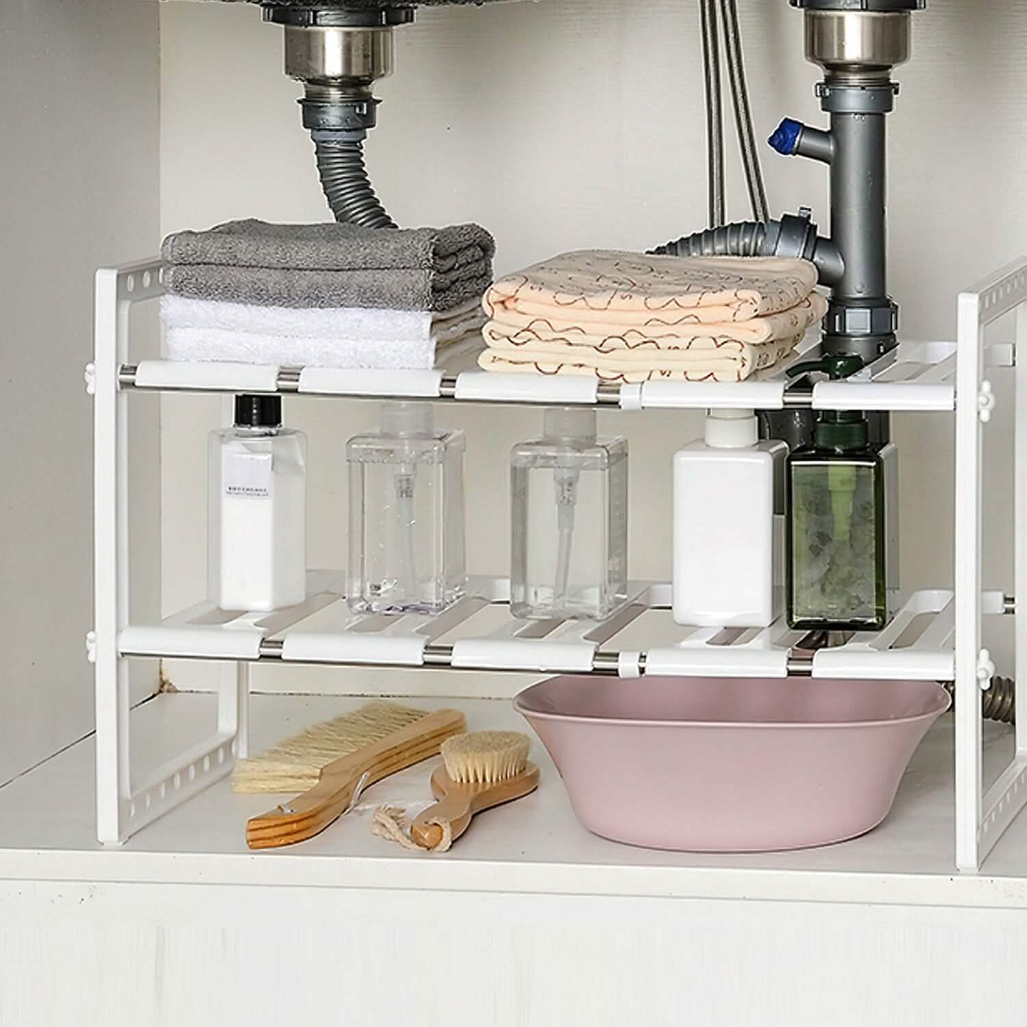 2-Tier Under Sink Organizer Retractable Space Saving Storage Kitchen Storage - DailySale