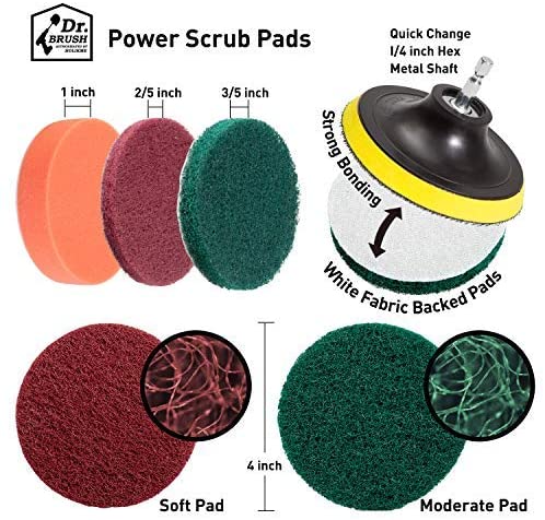Display of different power scrub pads contained in the 20-Pack Holikme Drill Brush Attachment Set