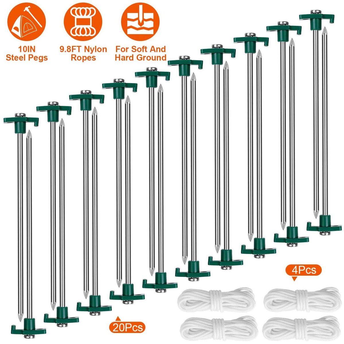 20-Piece: 9.8-Inch Tent Pegs Ropes Set Sports & Outdoors - DailySale