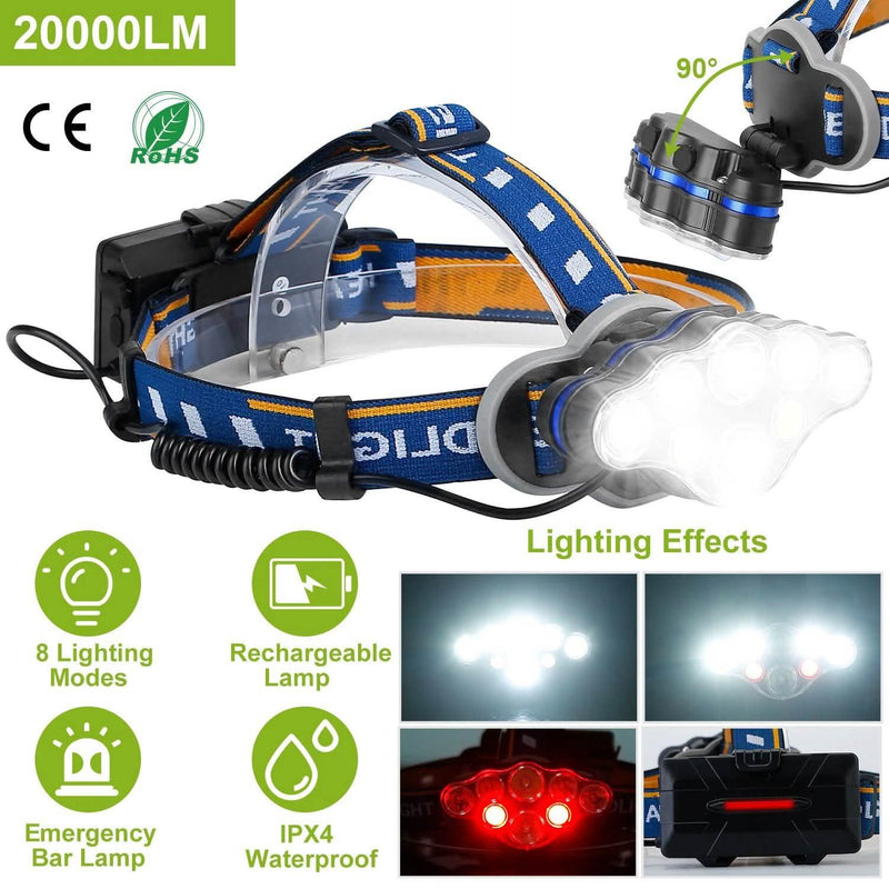 20000LM Rechargeable LED Headlamp with 8 Lighting Modes Sports & Outdoors - DailySale