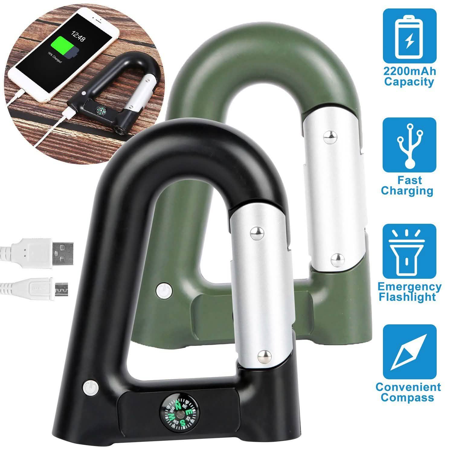 2200 mAh Powerbank with Emergency Flashlight Compass Carabiner-Shaped Sports & Outdoors - DailySale