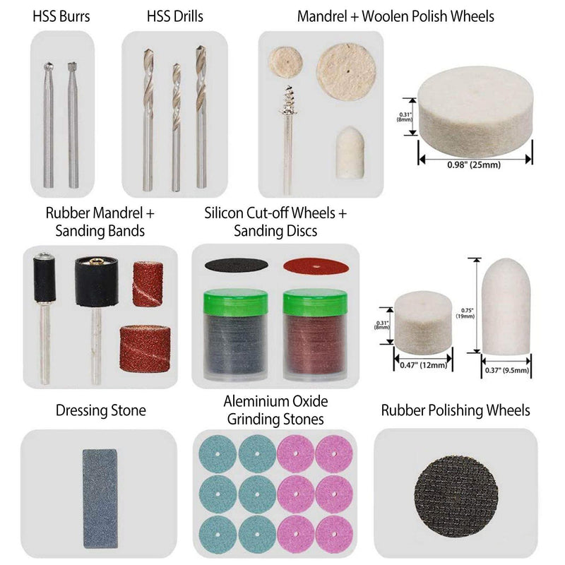 Detail of tools from the 228-Piece Rotary Dremel Accessory Tool Kit, including HHS burrs, HHS drills, mandrel and woolen polish wheels, rubber mandrel and sanding bands, silicon cut-off wheels and sanding discs, dressing stone, aluminium oxide grinding stones, and rubber polishing wheels