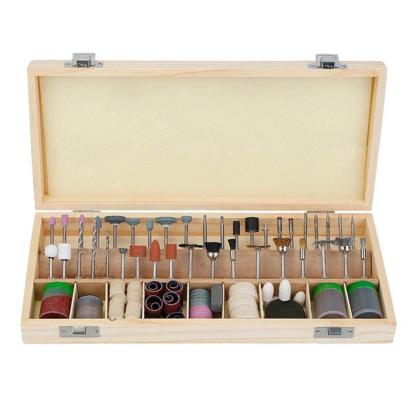 Open box display of a 228-Piece Rotary Dremel Accessory Tool Kit over a white background