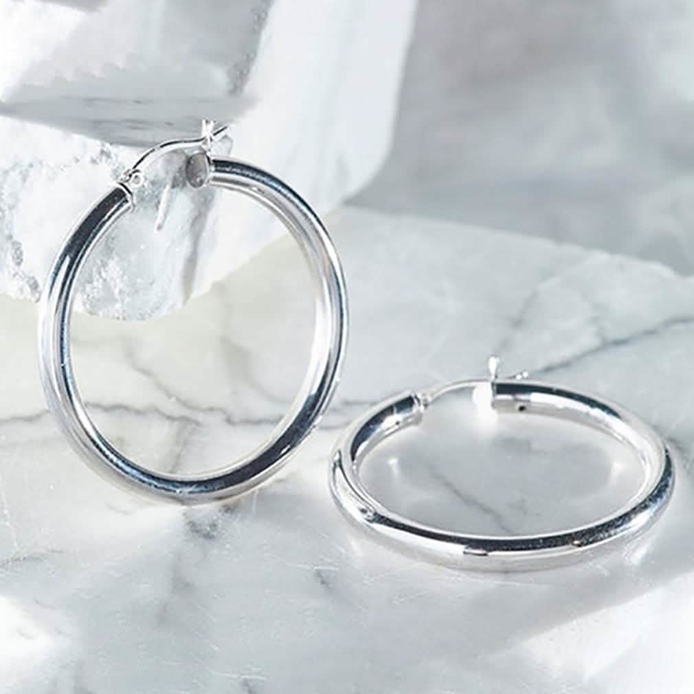 25mm Classic French Lock Hoops in Solid Sterling Silver Jewelry Silver - DailySale
