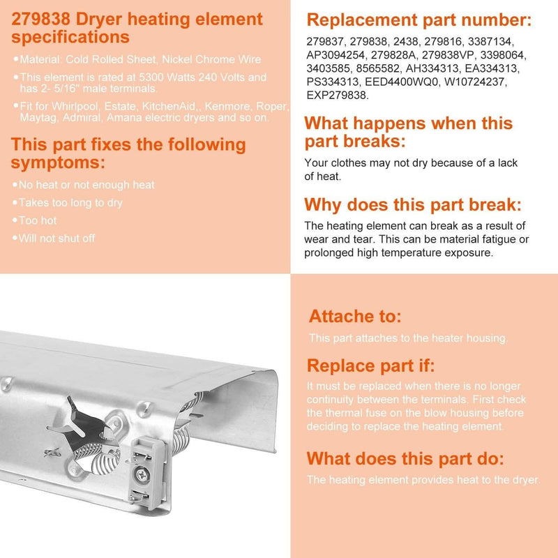 279838 Dryer Heating Element Assembly Replacement Part Everything Else - DailySale