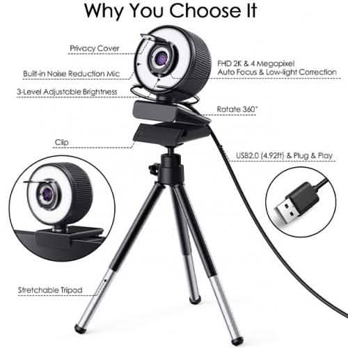 2K HD Webcam with Built-In 18 LED Adjustable Ring Light and Microphone Computer Accessories - DailySale