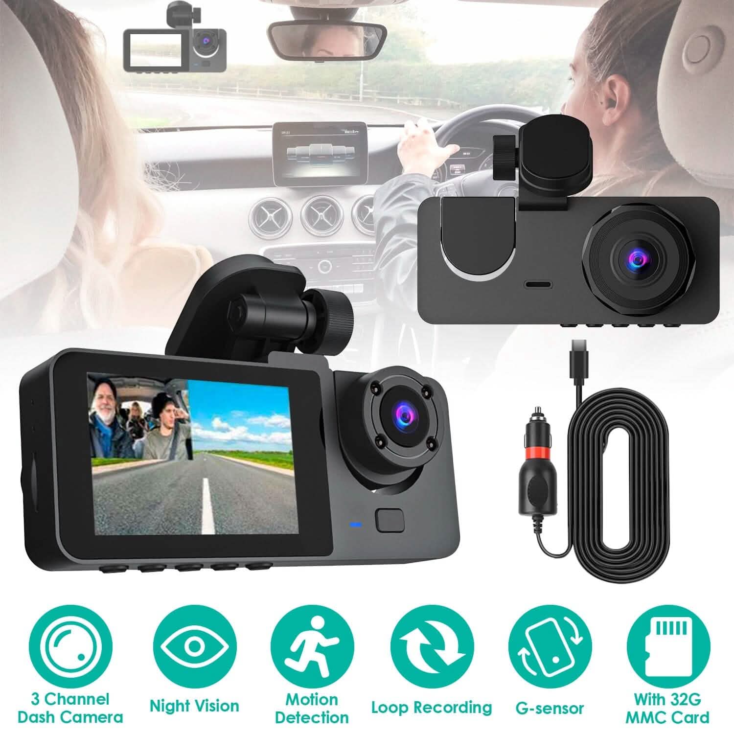 3 Channel Dash Cam Front Inside Rear Vehicle Driving Recorder Car DVR Automotive - DailySale