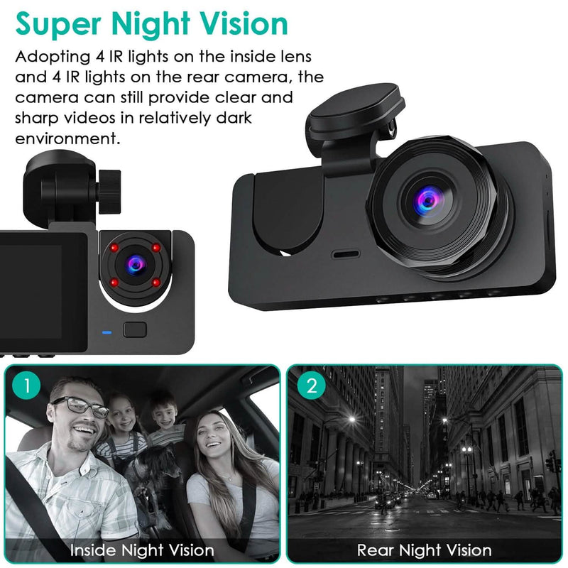 3 Channel Dash Cam Front Inside Rear Vehicle Driving Recorder Car DVR Automotive - DailySale