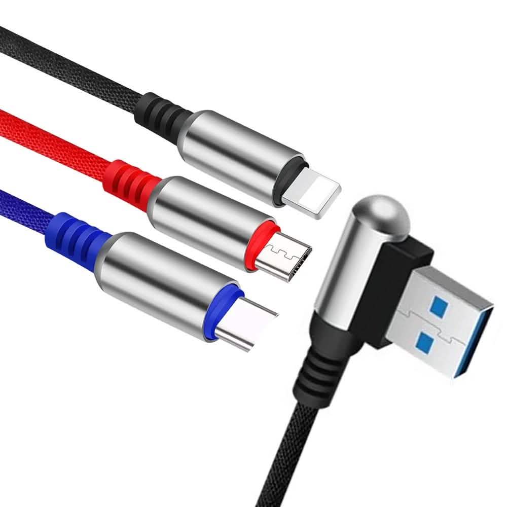 3-In-1 Charging Cable USB to Micro USB + Type C + Lightning Charging Cable Fast Charging Mobile Accessories Black - DailySale