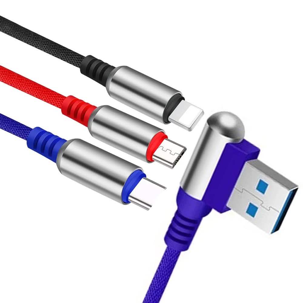 3-In-1 Charging Cable USB to Micro USB + Type C + Lightning Charging Cable Fast Charging Mobile Accessories Blue - DailySale